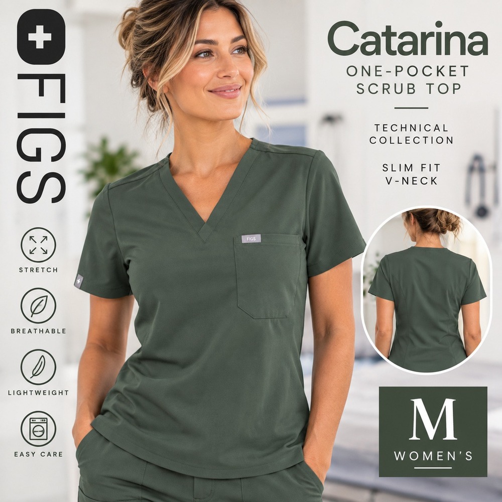 FIGS Catarina Scrub Top Women Medium Olive Green V-Neck Medical Slim Fit 1000211
